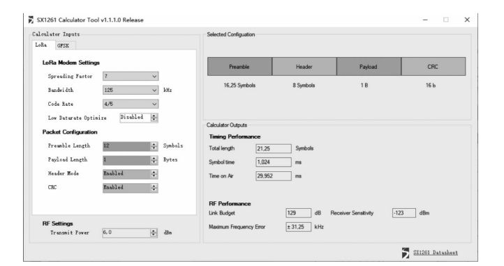 SX1261LoRa计算器截图