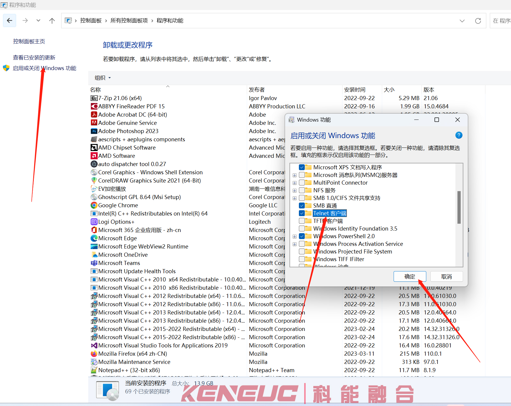 “Windows功能”对话框中的“Telnet客户端”复选框