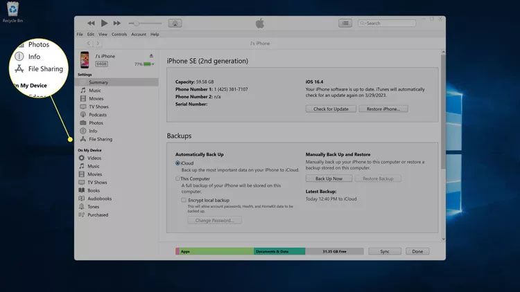 在运行Windows11的PC上的iTunes中的iPhone详细信息下突出显示的文件共享。