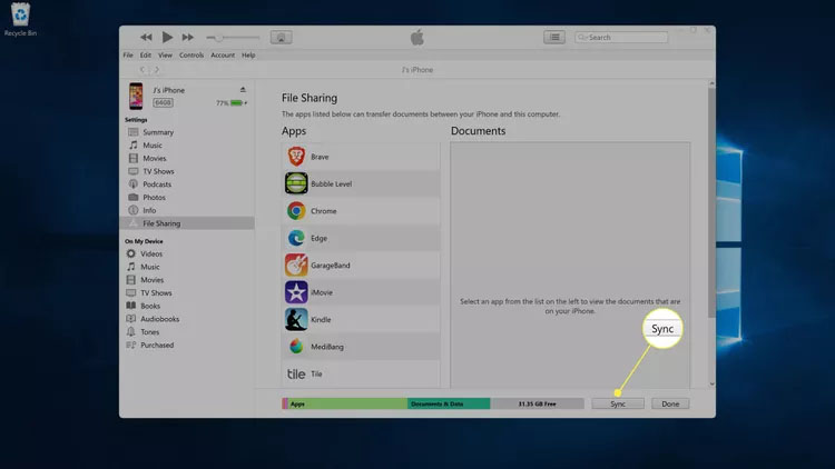 运行Windows11PC的iTunes中突出显示的“同步”按钮。