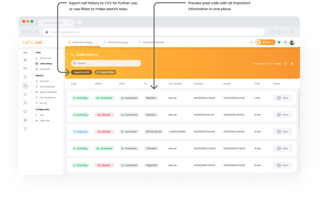 实时座席呼叫中心中的呼叫历史记录功能