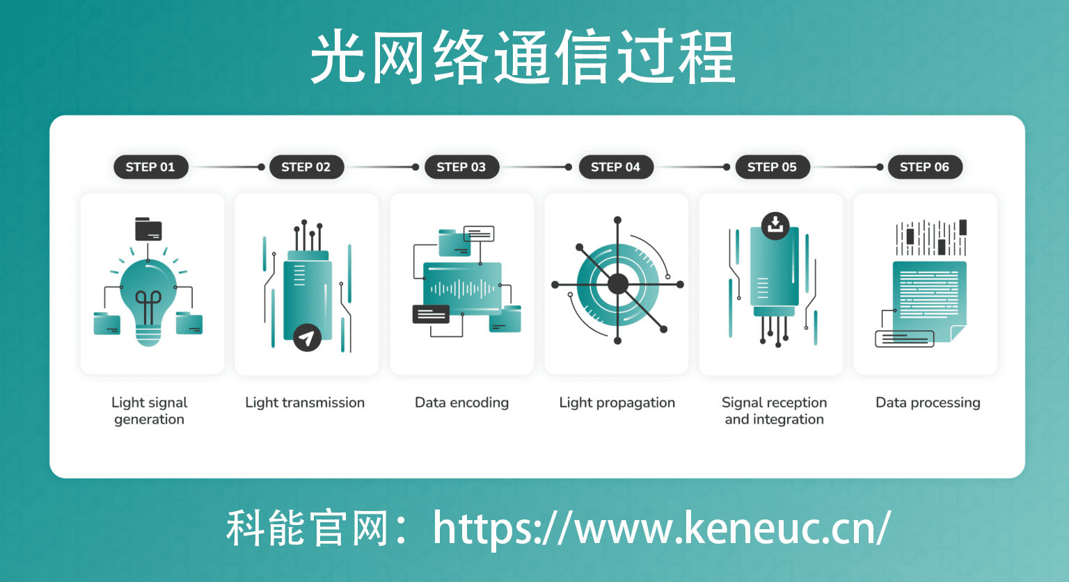 信息图显示了光网络的6个步骤，从光信号生成开始。