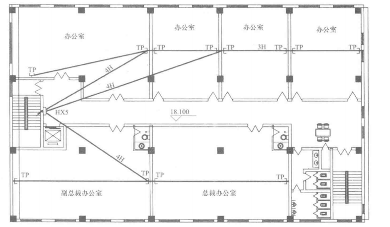 电话通信系统施工图识读(图3) 某办公楼五层电话通信控制平面图